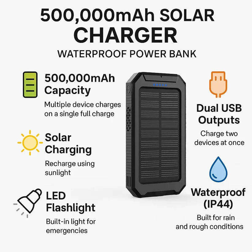500000mAh Solar Charger Waterproof Power Bank